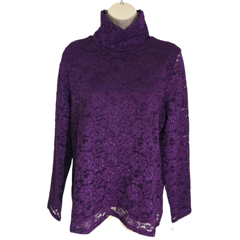 Talbots Purple Lace Turtleneck Top‎ Long Sleeve Sheer Overlay Size L
